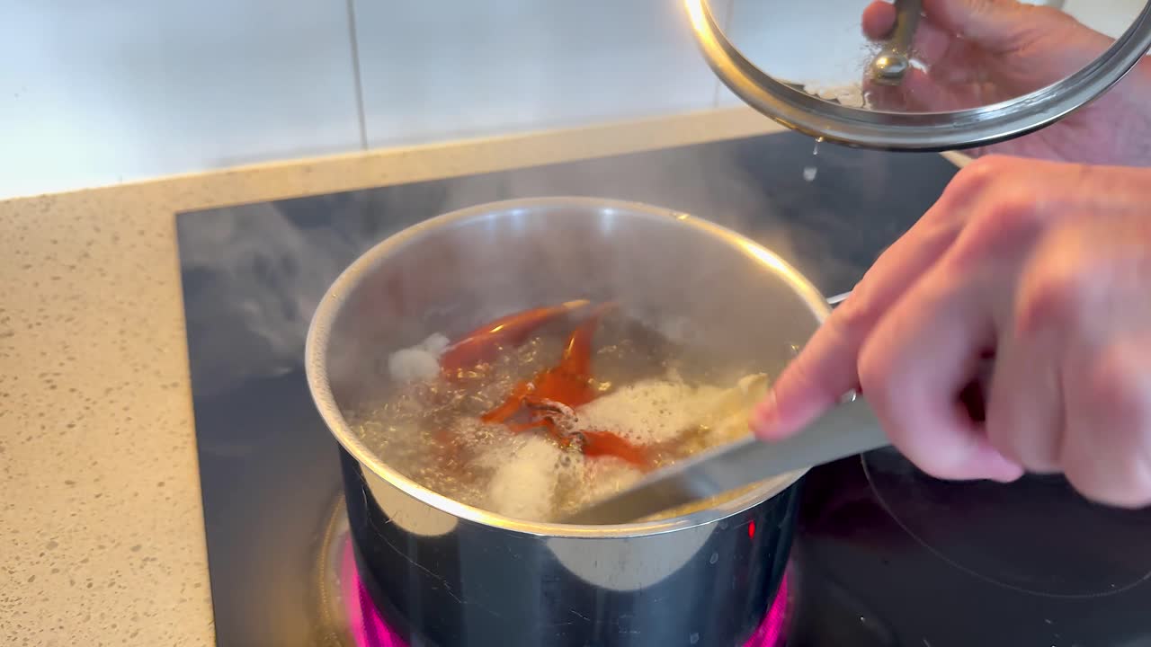 스토브 에 있는 비 에서 조리 되고 있는 크래브