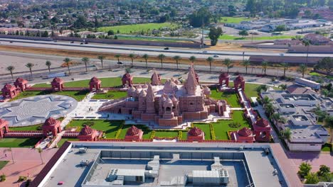 panning up view of a hindu temple near los angeles california