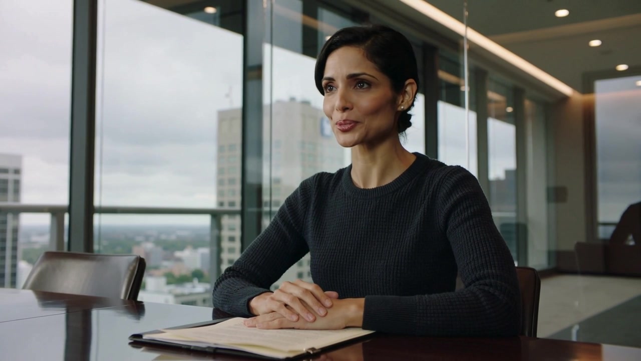 Responding to off-camera question, Indian exec in dark top speaking in tower boardroom using folder