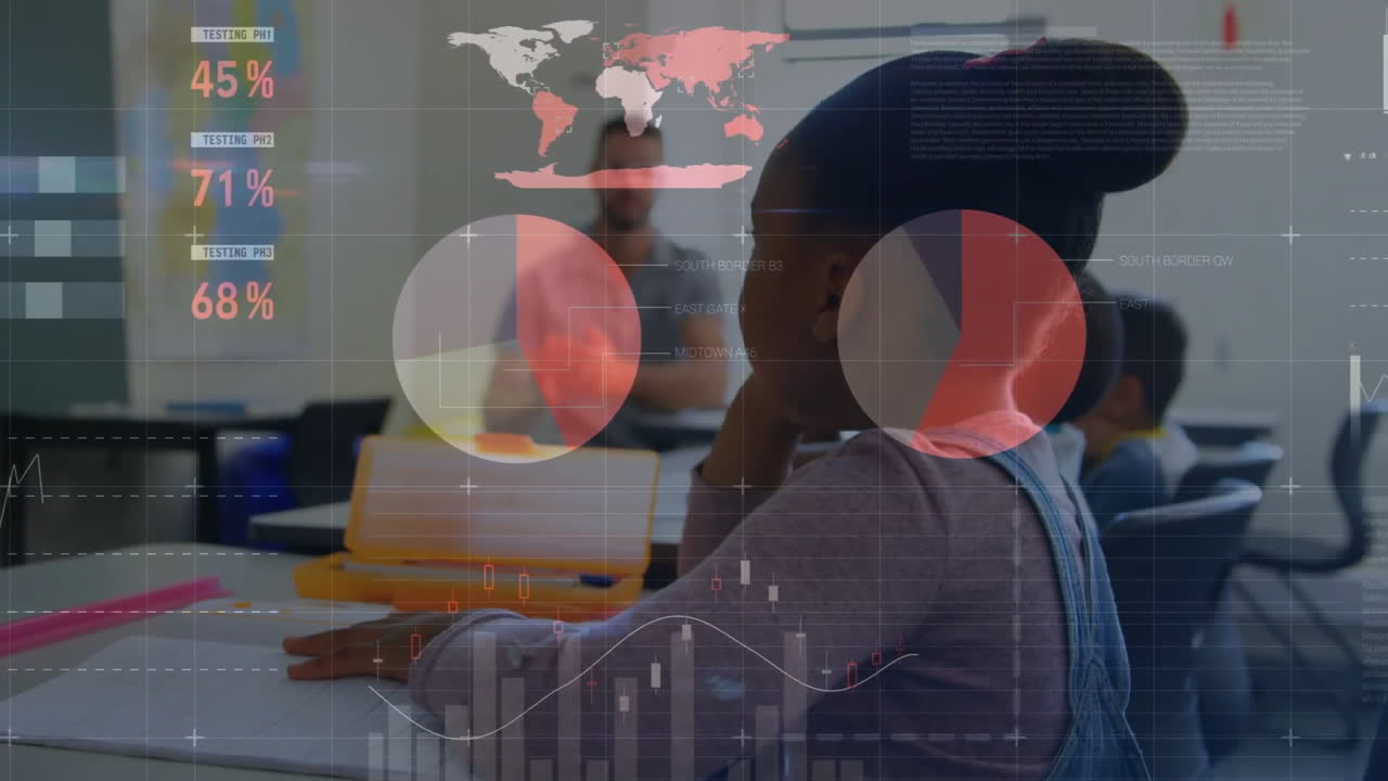 animación del procesamiento de datos financieros sobre diversos escolares y maestros en el aula