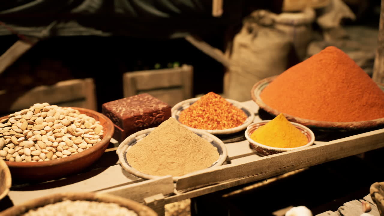 Colorful spices and nuts at a bustling old national african market