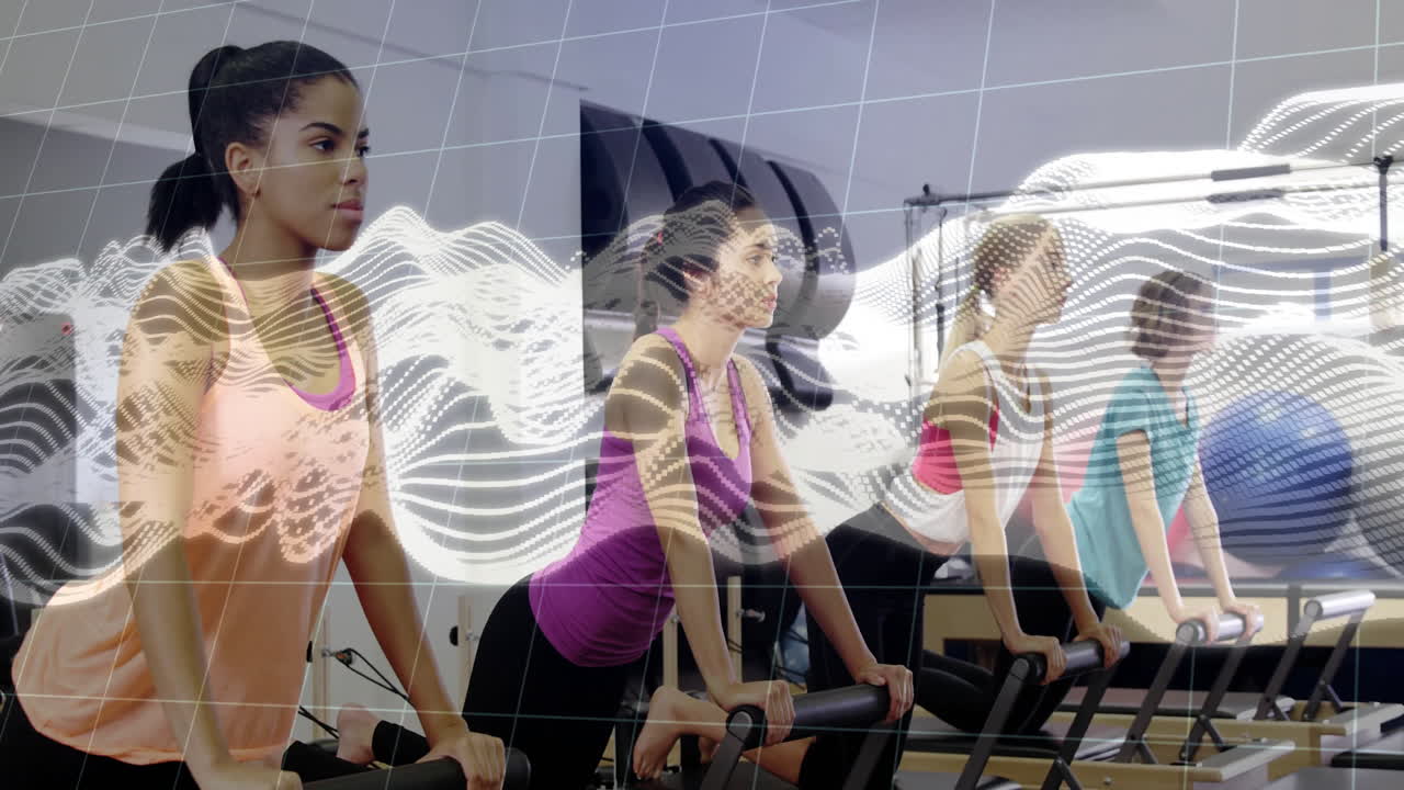 Group of women performing Pilates reformer lunge in fitness studio, featuring wave graphic overlay
