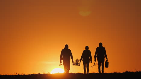 farmers planting at sunset