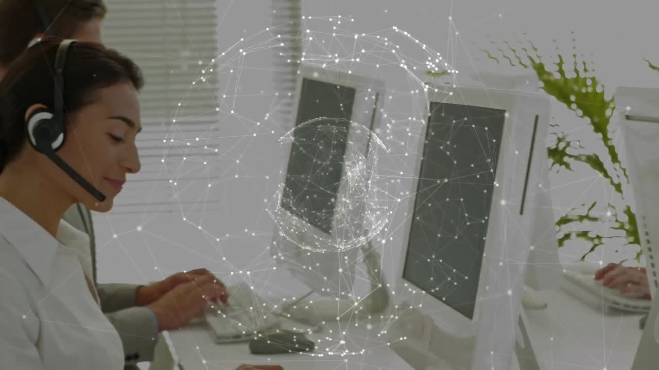 Animation of network of connections with globe over business people using phone headsets