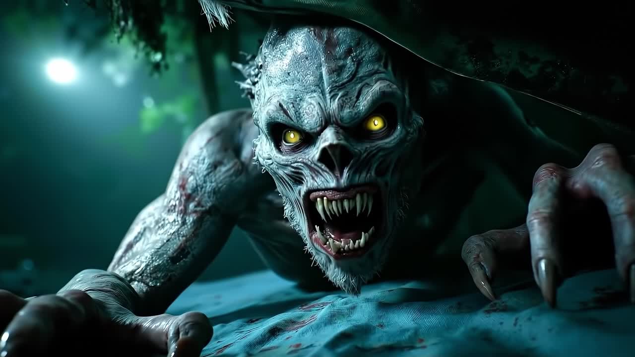 A creepy looking creature with yellow eyes and fangs crawling on a bed