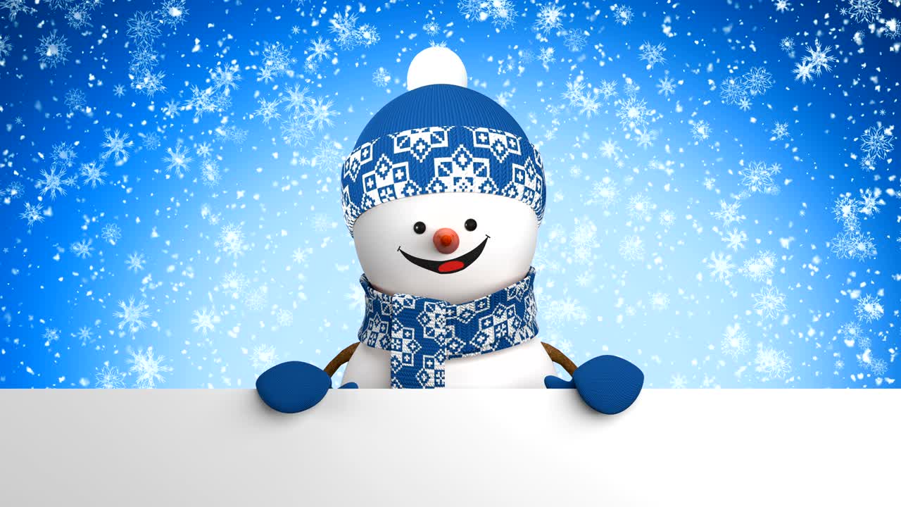 bonito hombre de nieve en gorra azul saludando con la mano y sonriendo en el fondo de la nevada. hermosa animación de dibujos animados en 3d pantalla verde alfa mate. tarjeta de felicitación animada. concepto de navidad.