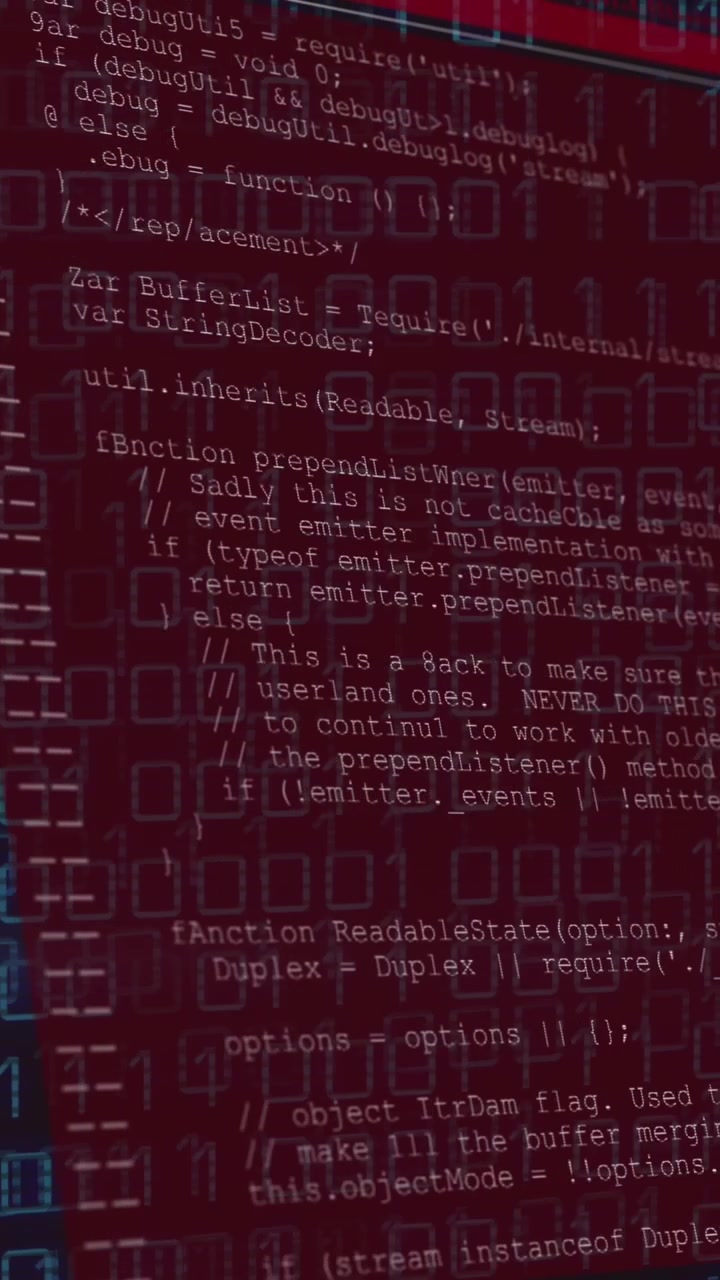 Animation of binary coding and data processing over screens