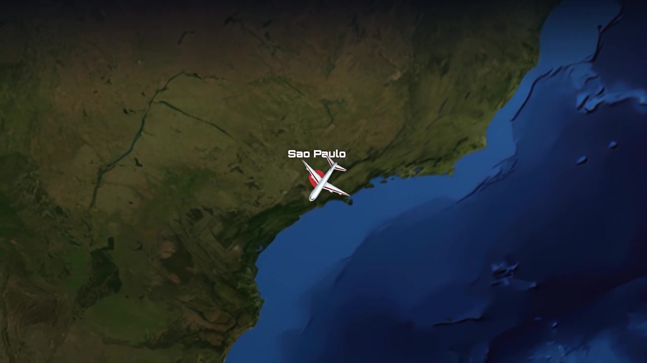 Satellite view animation tracks a commercial airplane flying from Munich to Sao Paulo across continents