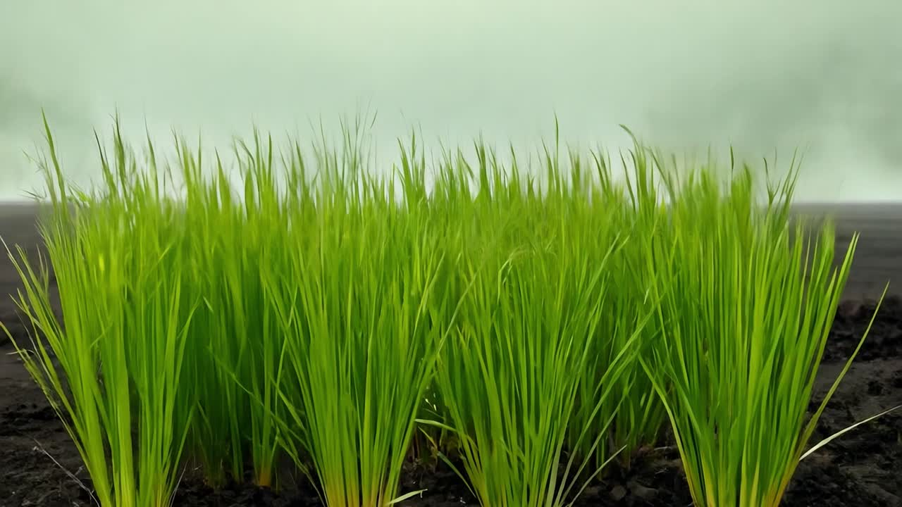 초록색 잔디가 검은 모래에서 어지고, 배경에는 안개가 있다.