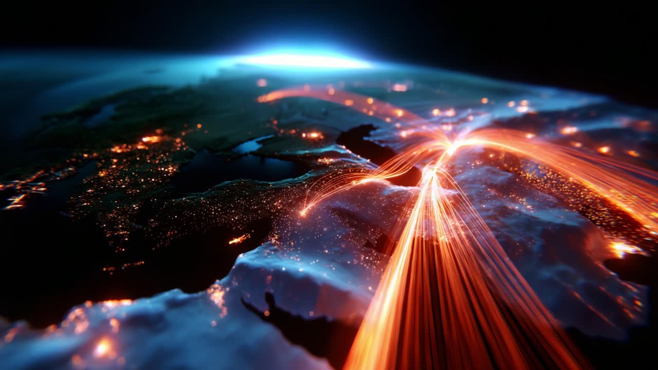 A Stunning Visualization of Global Connectivity and Trade Routes: An Astronomical Perspective on Earth, Featuring a Beautifully Lit Map with Dynamic Flowing Lines of Light Representing Human Activity and Interactions Across Continents