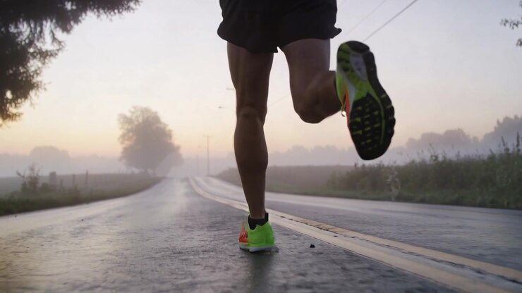 Running athlete striding on wet rural road at dawn, in black shorts, neon green shoes, training