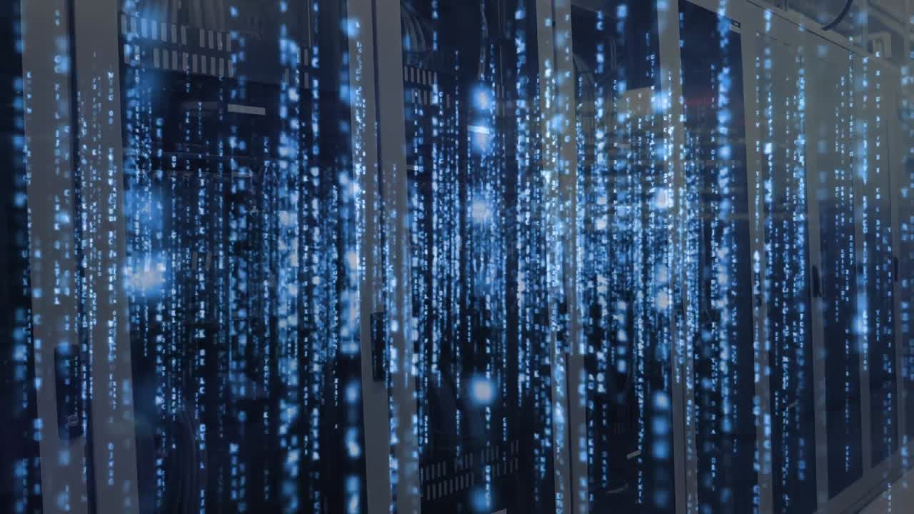 Animation of glowing data processing and digital information flowing