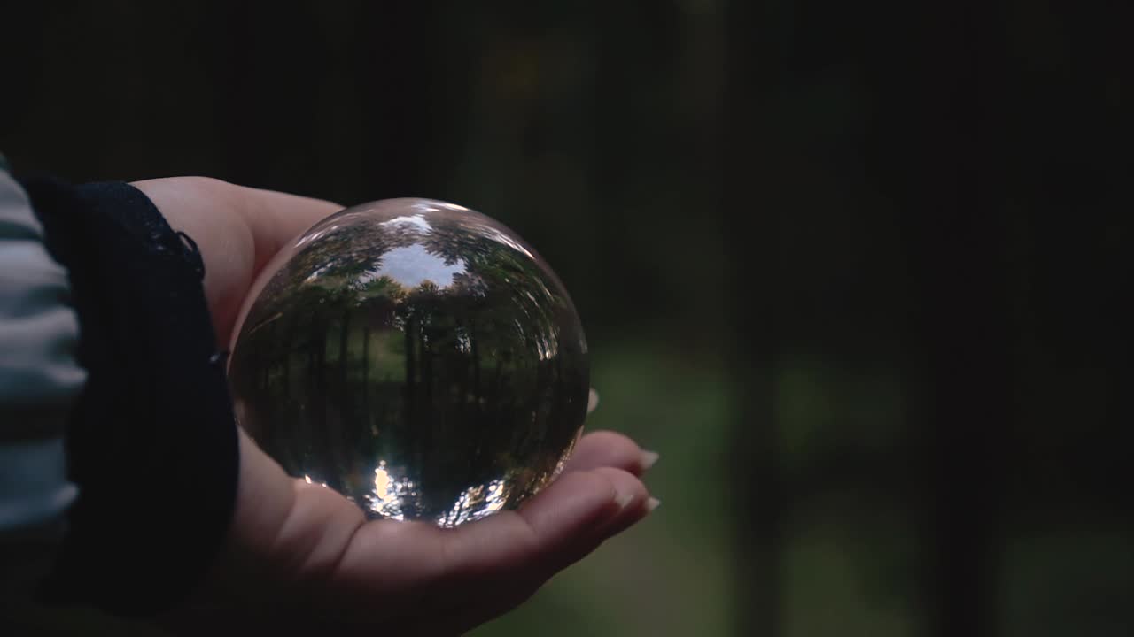 cerca de una mano femenina joven sosteniendo una bola de cristal que refleja el paisaje en un bosque otoñal