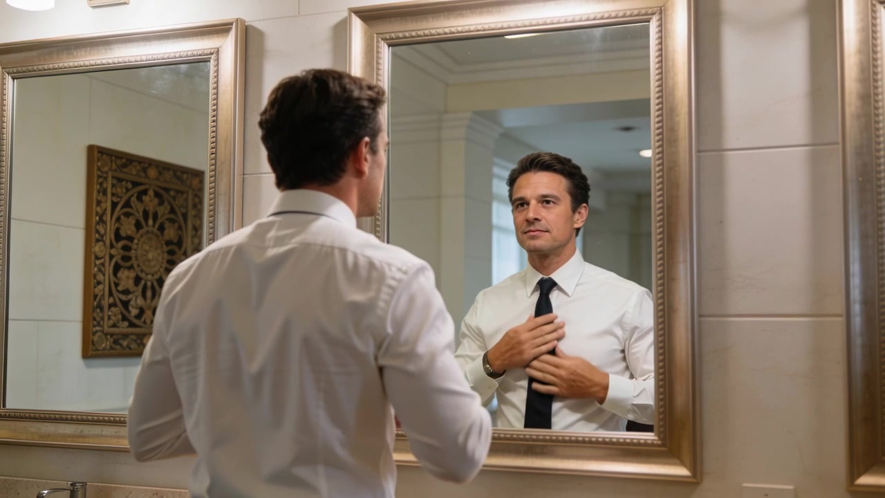 Uomo sorridente che si sistema la cravatta scura sopra una camicia bianca davanti allo specchio, controllando il nodo per il lavoro.