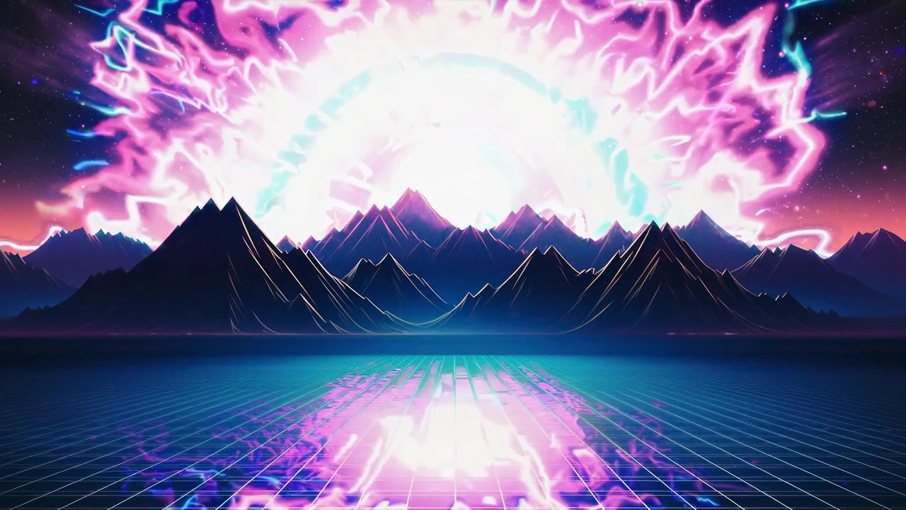 Paesaggio synthwave futuristico con griglia al neon e sole luminoso