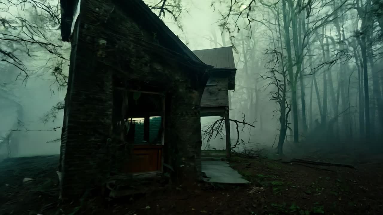 Fog slowly envelops a creepy abandoned house nestled in the woods, creating an eerie and mysterious atmosphere