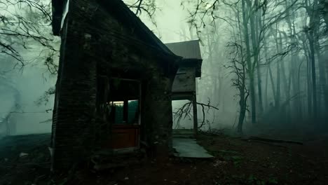 fog slowly envelops a creepy abandoned house nestled in the woods, creating an eerie and mysterious atmosphere