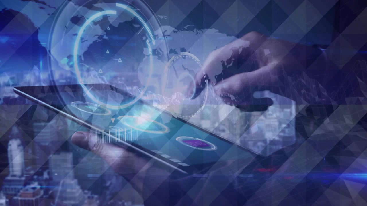 Tech pro holding tablet over skyline, tapping icons and previewing rising analytics hologram