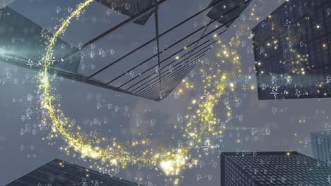 animation of mathematical equations and light spots over cityscape