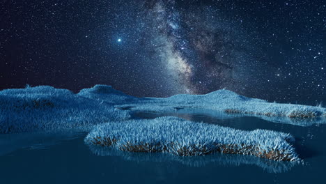 blue grassland with milky way at night, 3d rendering.