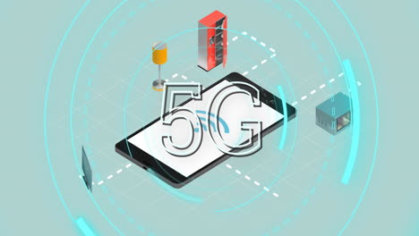 texto 5g en círculos contra el teléfono inteligente e iconos de conexiones
