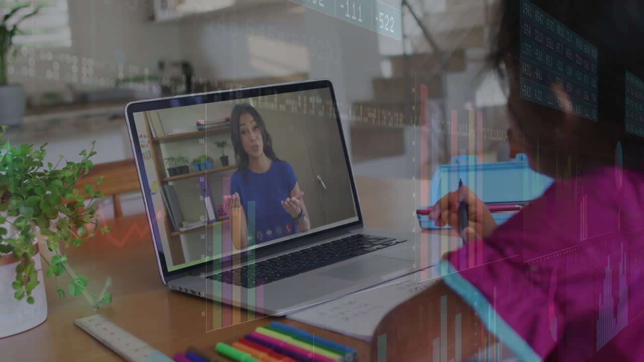 Menina abrindo o laptop para começar uma aula de educação remota, observando os gestos do instrutor e fazendo anotações.