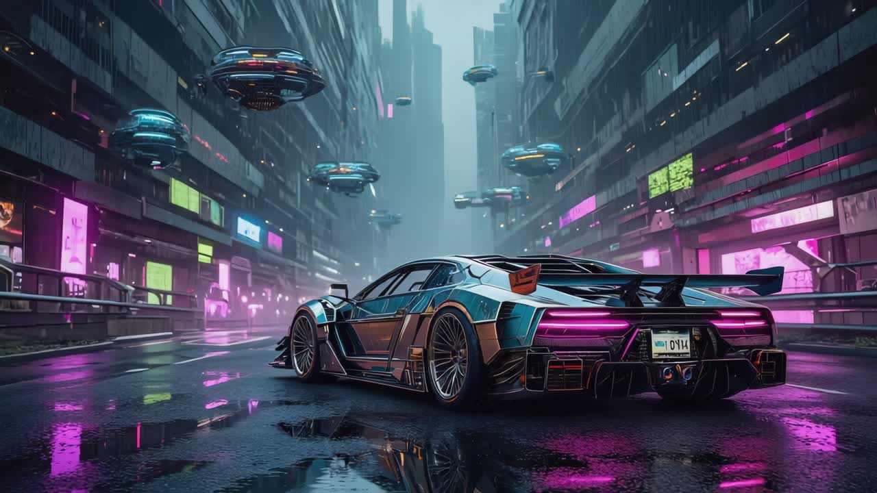 Futuristic Sports Car in a Cyberpunk City with Neon Lights