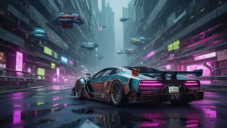 futuristic sports car in a cyberpunk city with neon lights