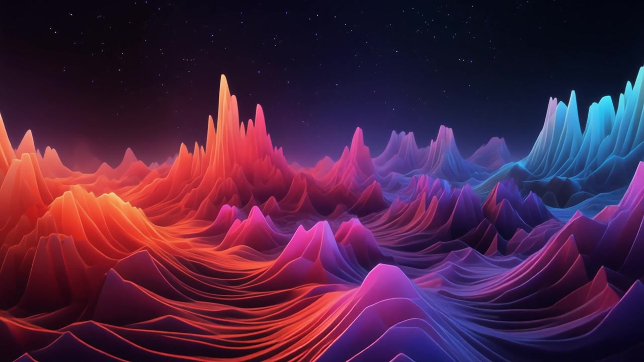 Paesaggio Digitale Astratto con Montagne al Neon Luminose e Cielo Stellato