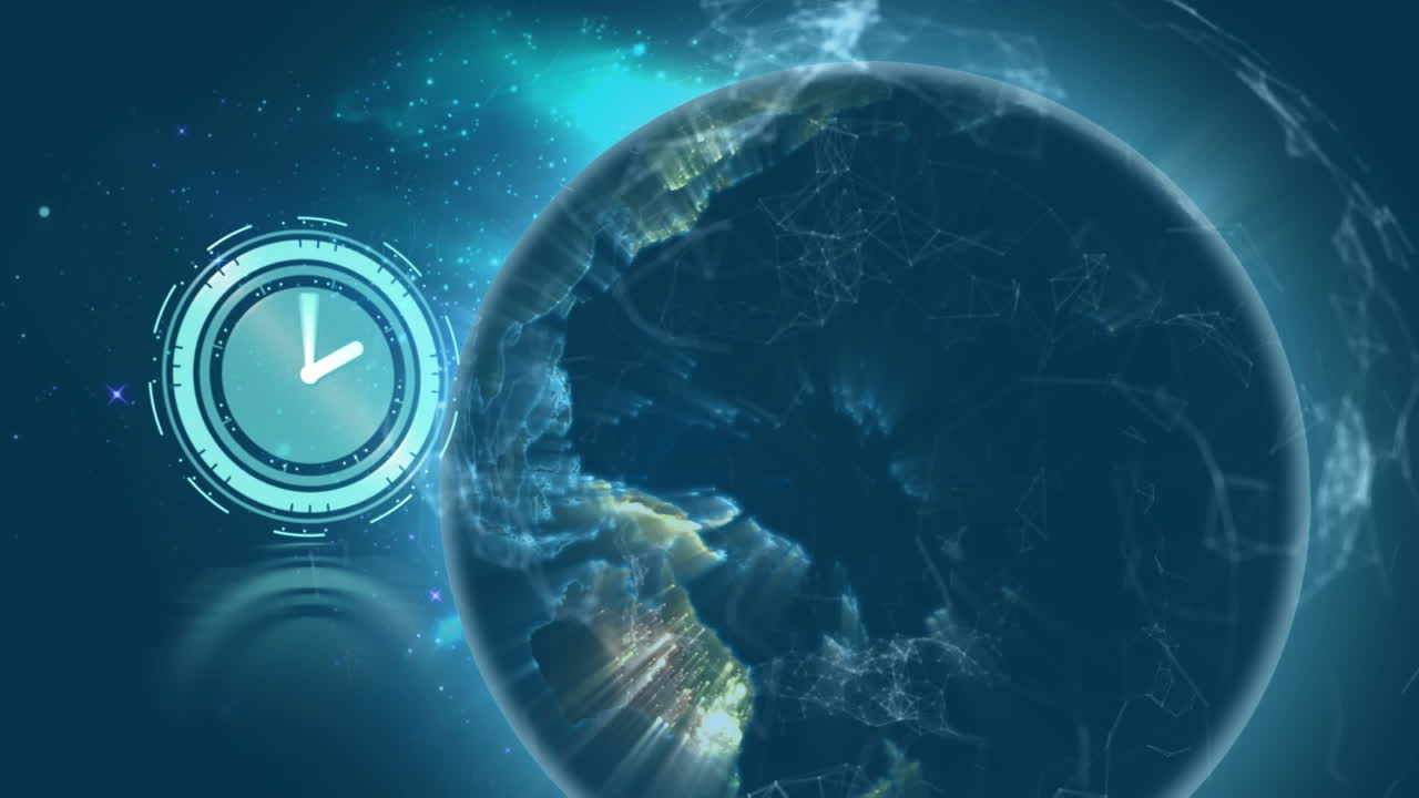 Animation einer Uhr über einem Netzwerk von Verbindungen und einem Globus