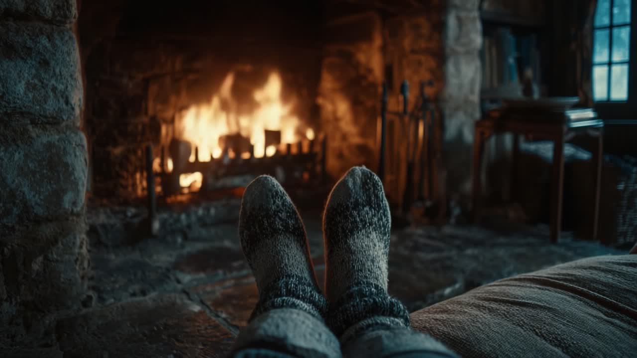 Cozy Winter Evening by the Fireplace: Warm Socks Resting in Front of a Flickering Fire in a Stone Hearth Surrounded by a Rustic, Inviting Atmosphere