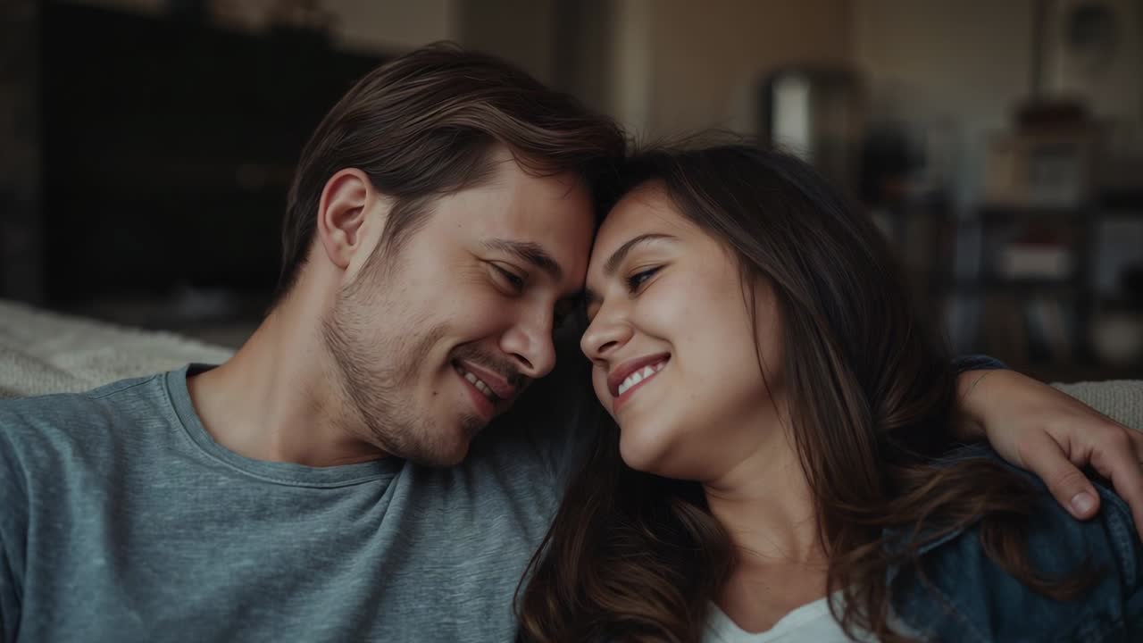 Casal sorrindo suavemente inclinado para se beijar no sofá da sala de estar, vestindo roupas casuais