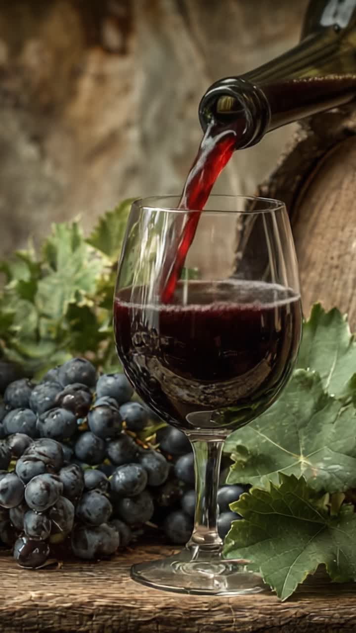 Un viaggio affascinante nel mondo del vino rosso: Dall'imbottigliamento al bicchiere, cattura i colori intensi e le trame di un vino pregiato, circondato da uva rigogliosa e foglie verdi