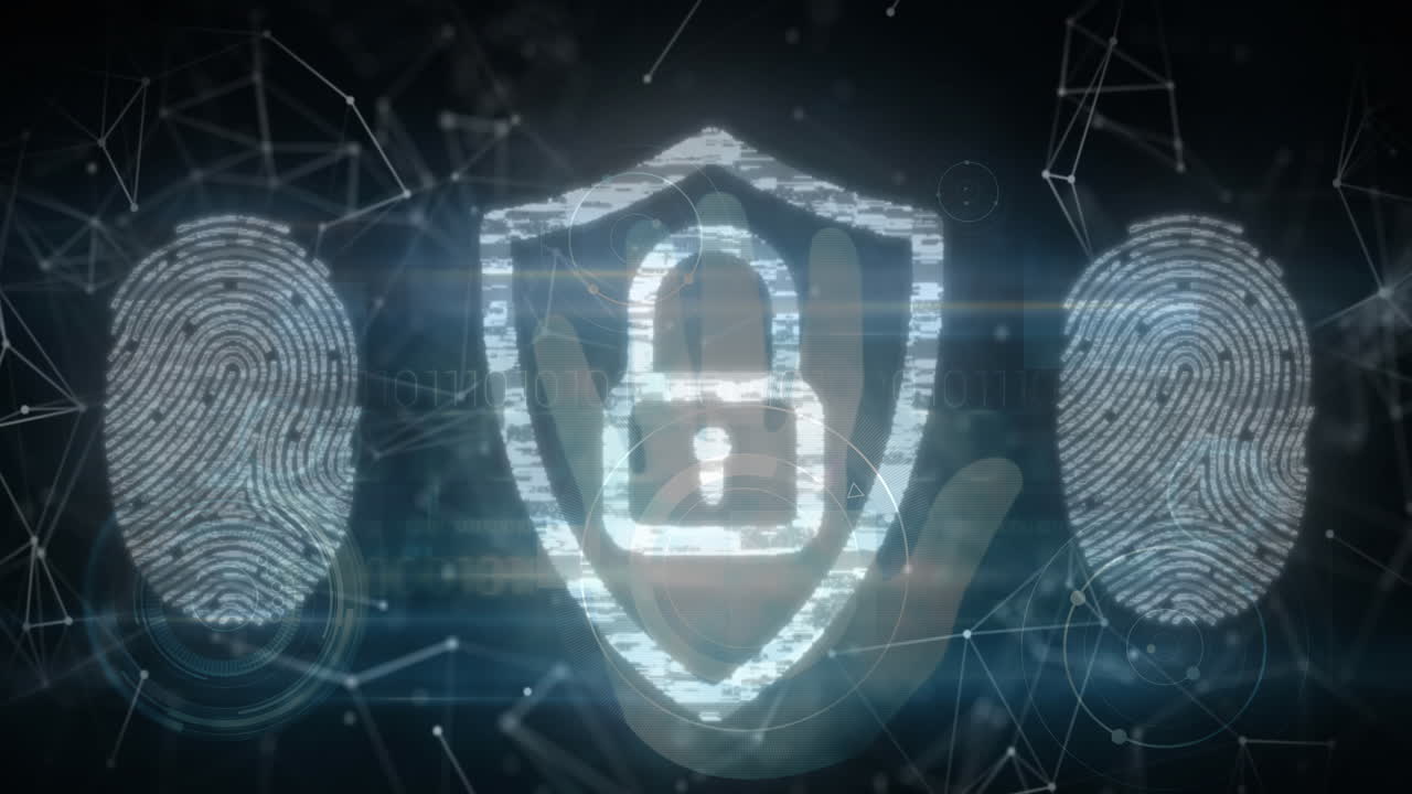 iconos de bloqueo de seguridad y escaneo de la mano humana sobre el escáner biométrico de huellas dactilares