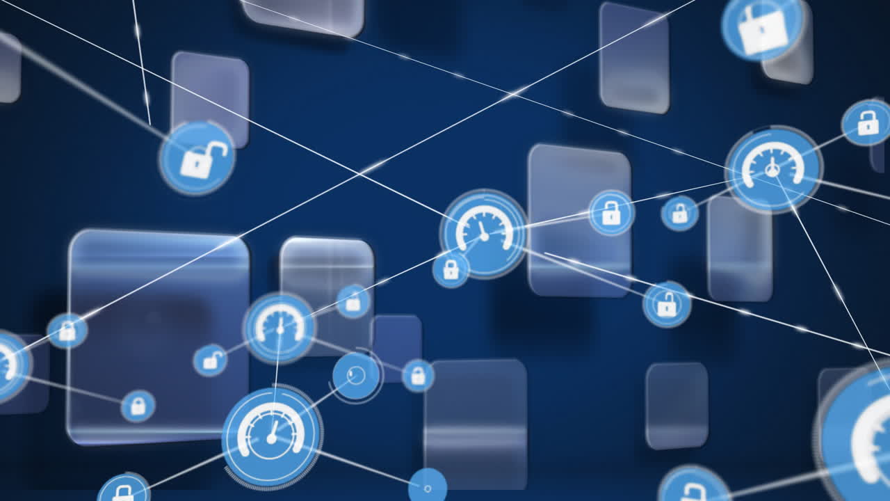 파란색 배경에 속도계 아이콘이 있는 연결 네트워크의 애니메이션