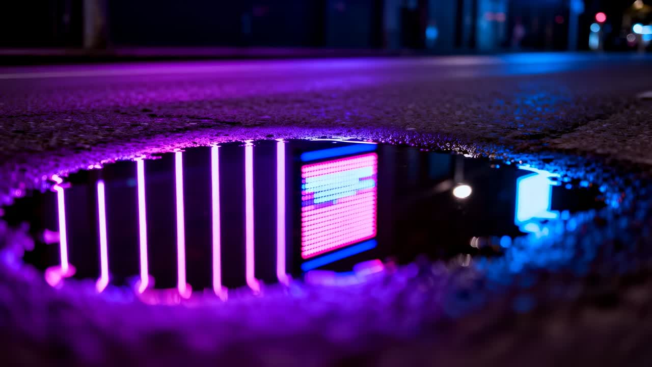 Åbner lav-engel kameraoptagelse af lav vandpyt, der reflekterer neonbarer på våd, urban kantsten, LED-panel