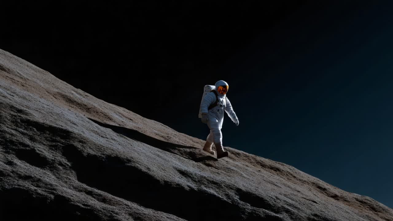 Astronaut Exploring an Alien Landscape in a Distant Space Environment, Creating a Journey of Discovery Across the Rugged Surface of an Uncharted Moon