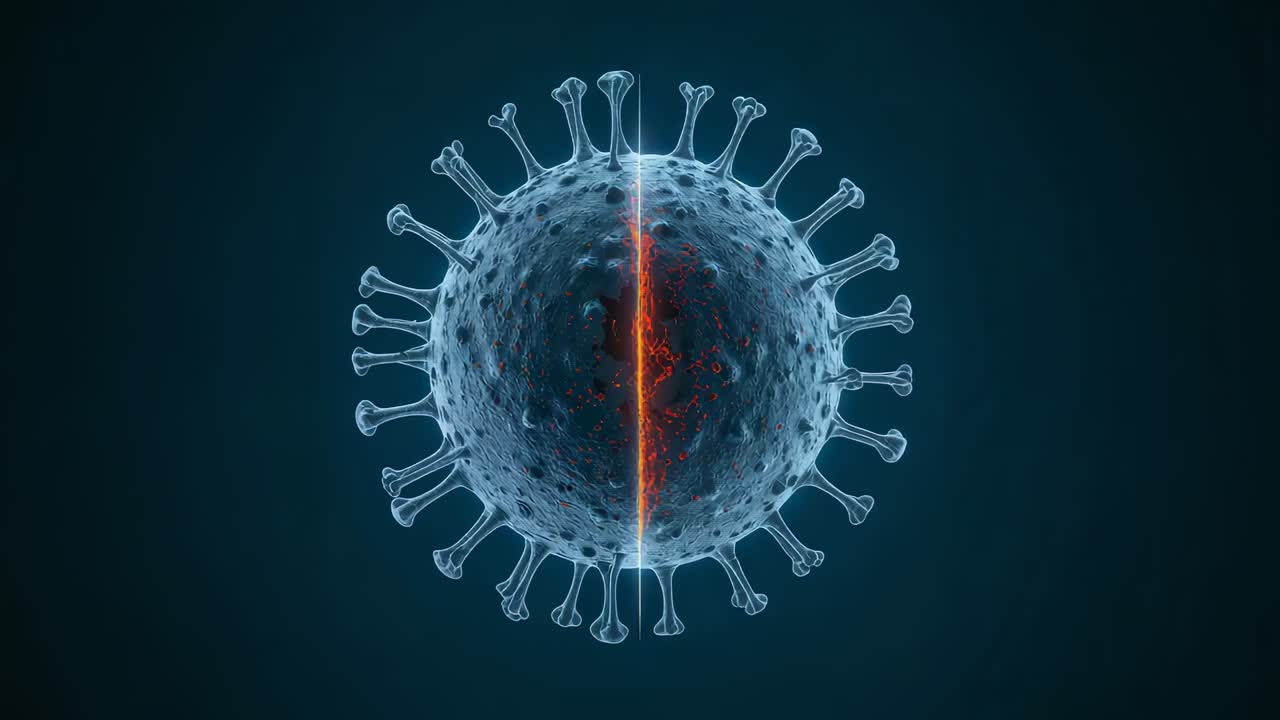 Nucleo in evidenza, sfera appuntita simile a un virus che pulsa ed espande una banda arancione, attivandosi in studio