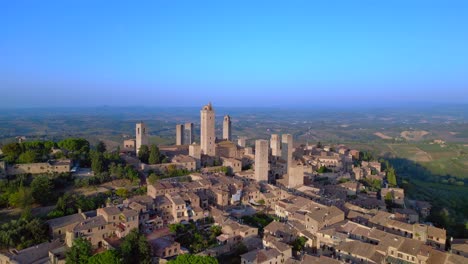 stunning aerial top view flight san gimignano medieval hill tower town tuscany italy