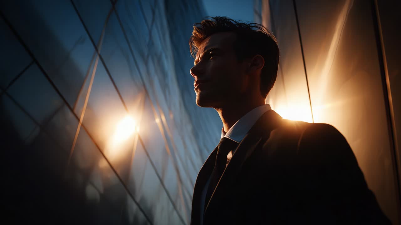 A focused young man in a suit stands in an urban setting, illuminated by bright lights reflecting off modern architecture, creating a dramatic atmosphere with bold contrasts between light and shadow