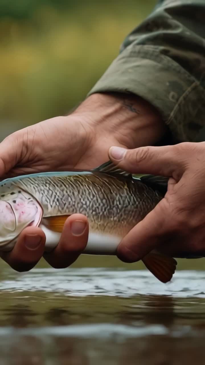 Vertical video: Releasing angler in camo returning trout into stream after tail flick showing vigor