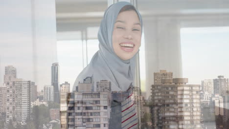 animation of cityscape cover biracial woman in hijab smiling