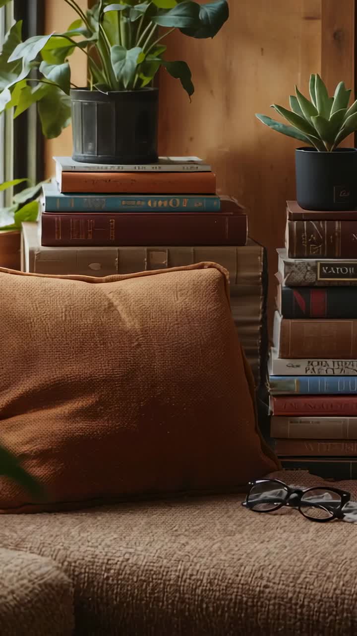 Video verticale: telecamera che inquadra un divano in un angolo accogliente di casa per documentare la calma, mostrando libri, piante, occhiali