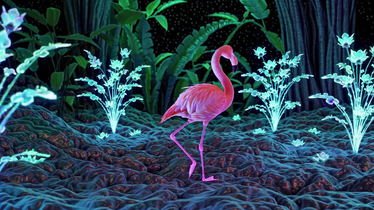 A surreal video scene of a flamingo in a neon-lit jungle