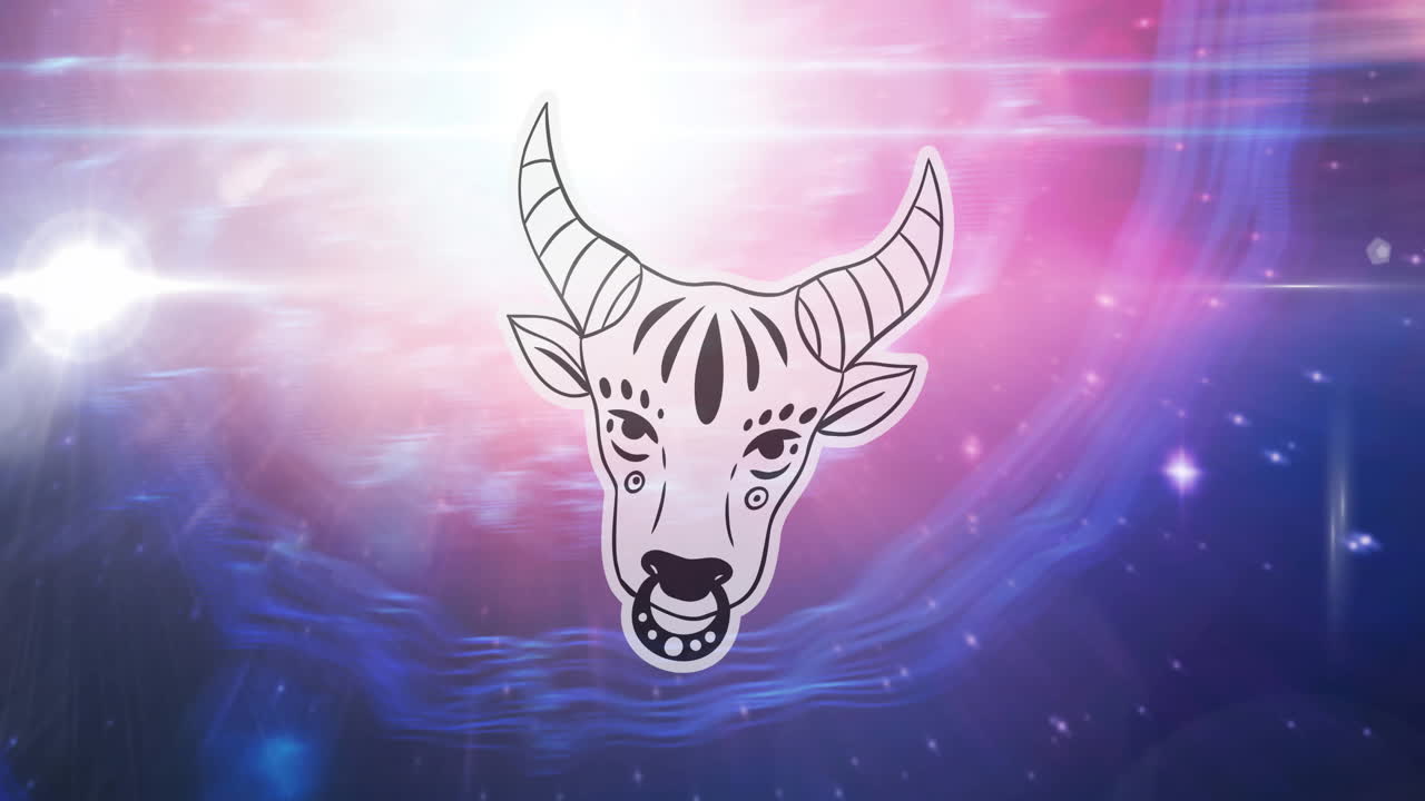 animación del signo estelar de tauro sobre el sol brillando y las estrellas en la noche de color rosa a cielo azul