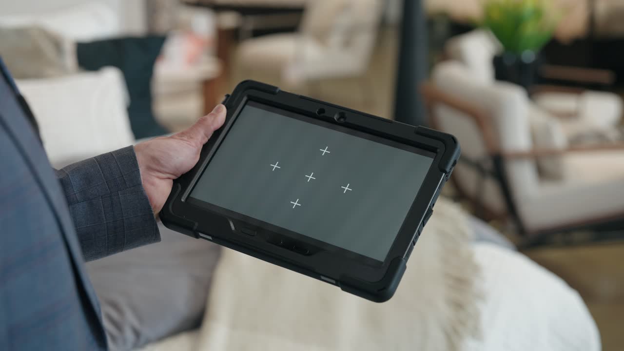 Camera glides around tablet; hands show grey screen with tracking markers