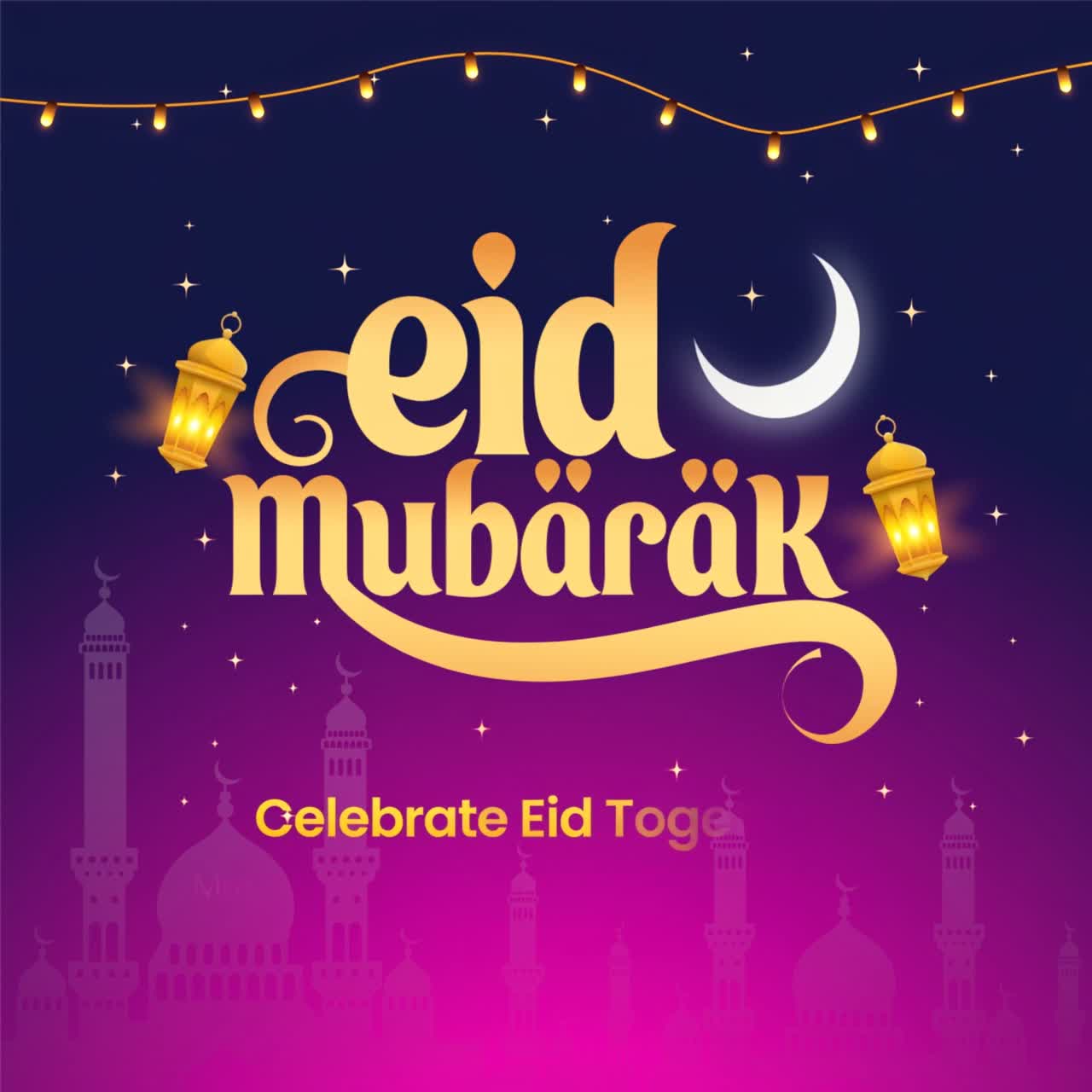 Animazione di auguri calligrafici Eid Mubarak con lanterne a mezzaluna e sagome di moschee su sfondo sfumato viola vivace