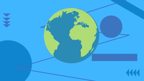 Animation-Von-Globus-Und-Formen-Auf-Blauem-Hintergrund