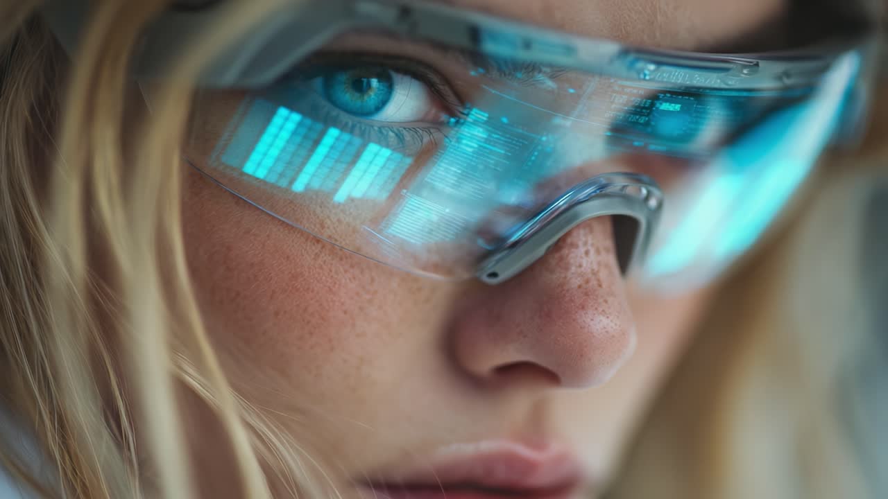 A Close-Up of a Young Woman with Futuristic Augmented Reality Glasses, Displaying Dynamic Visual Data and Highlighting Her Striking Blue Eyes in an Innovative Tech Environment