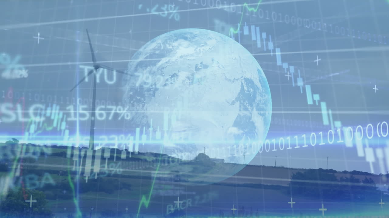 바이너리 코딩과 풍력 터빈을 통한 데이터 처리 애니메이션